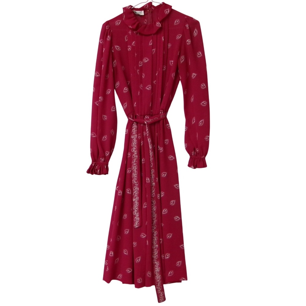 Vintage Tanner Red Leaf Print Long Sleeve Ruffle Collar Midi Dress Size 8